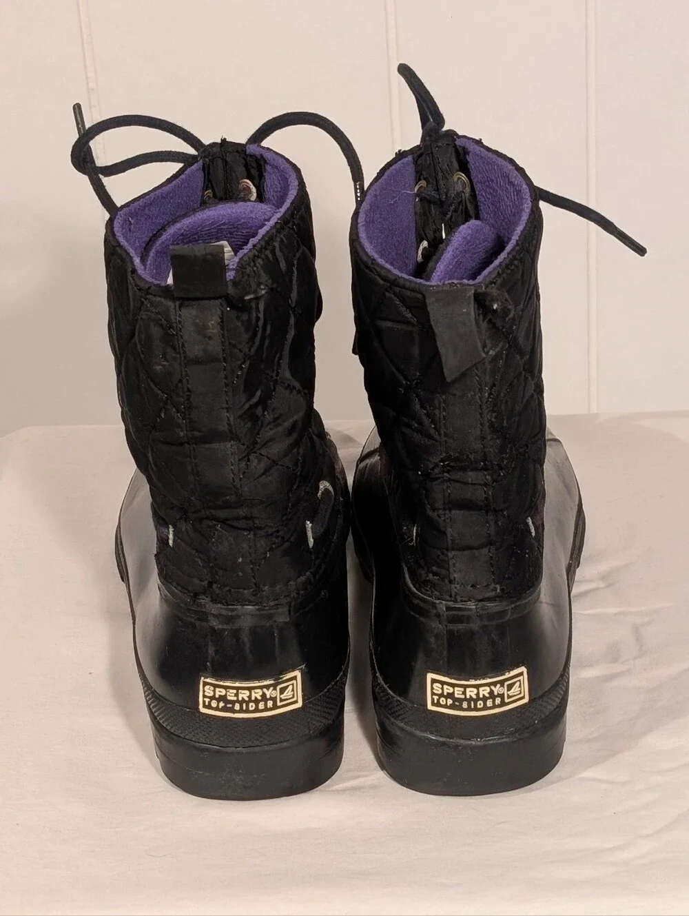 Sperry Black Quilted Duck Boots with Purple Lining